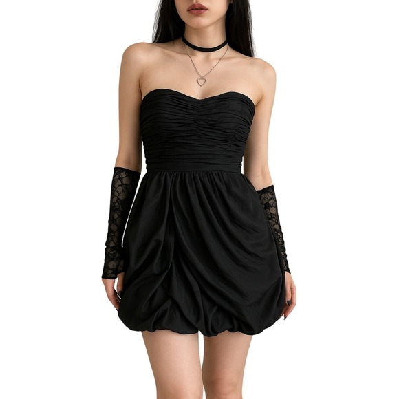 BEBE Y2K Strapless Black Ruched Bubble Hem Mini Dress Cocktail Party Size S - Picture 1 of 9